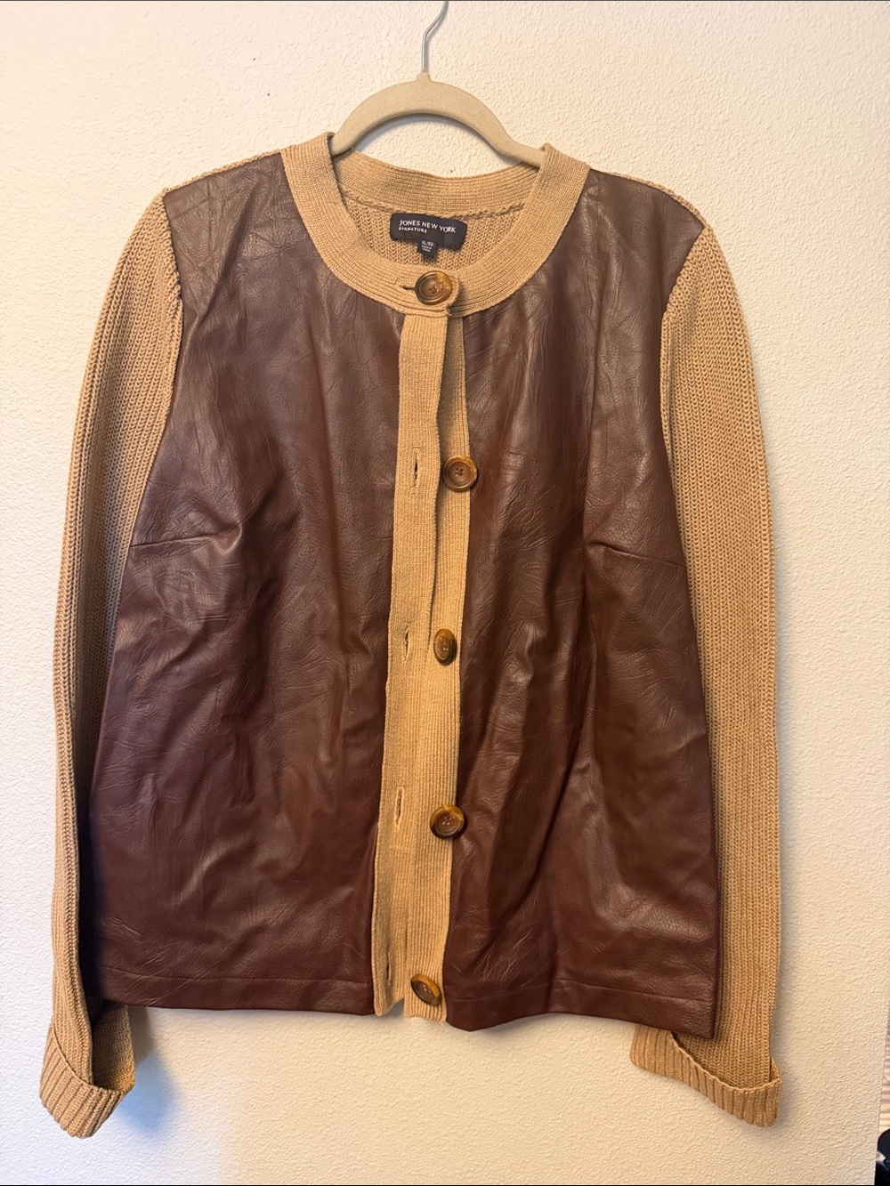 Jones New York Brown Leather Front with Tan Knit Sleeves Cardigan Jacket